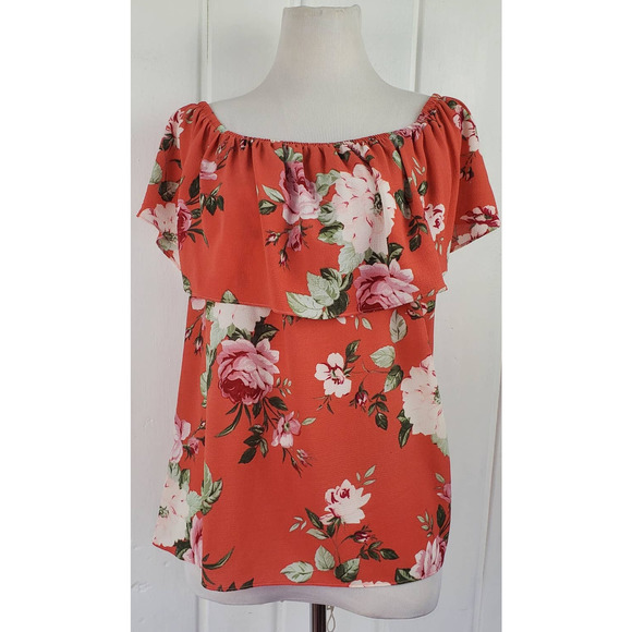 bobeau Tops - Bobeau Off the Shoulder Orange Floral Print Top Women's Size Large